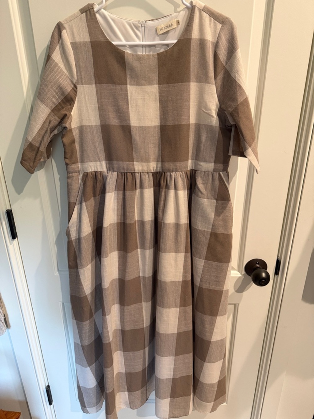 Roolee Womens Brown and Cream Plaid Midi Dress